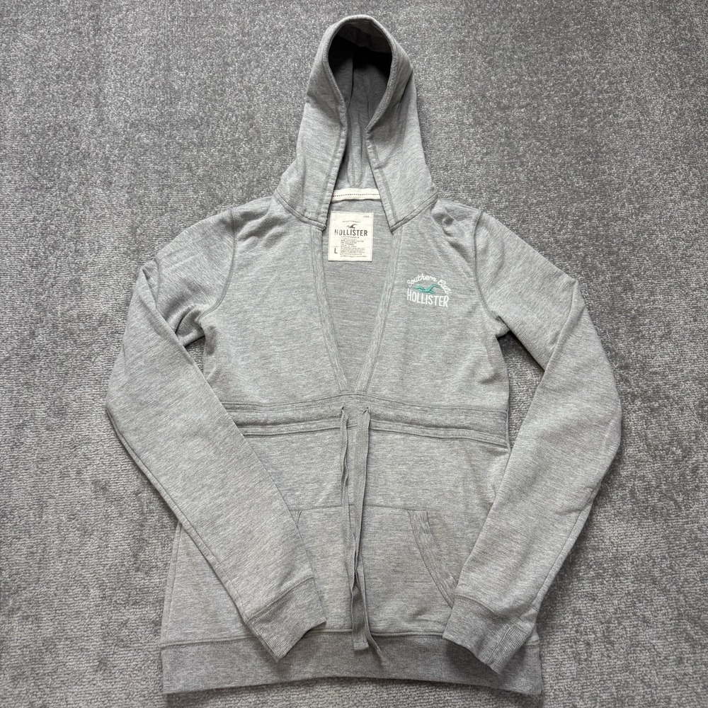 Vintage Hollister Large Babydoll Hoodie Tie Waist V Neck Y2K Gray Logo Cali